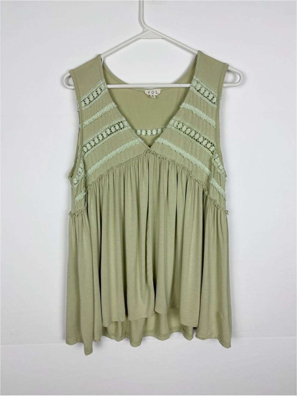 POL Babydoll Tank Top Lace Trim Cami Sage Green Boho Size Small